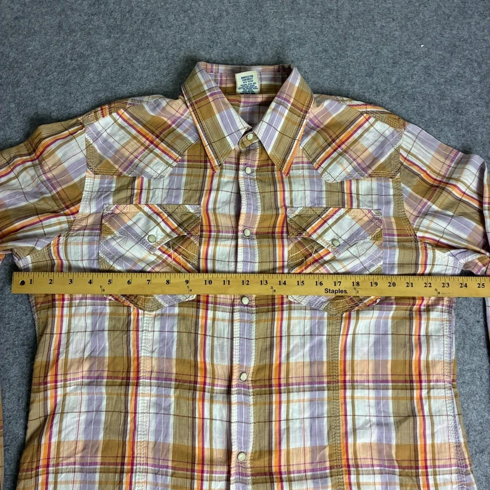 True Religion Mens XXL Western Snap Plaid Shirt Orange Purple Cotton Long Sleeve